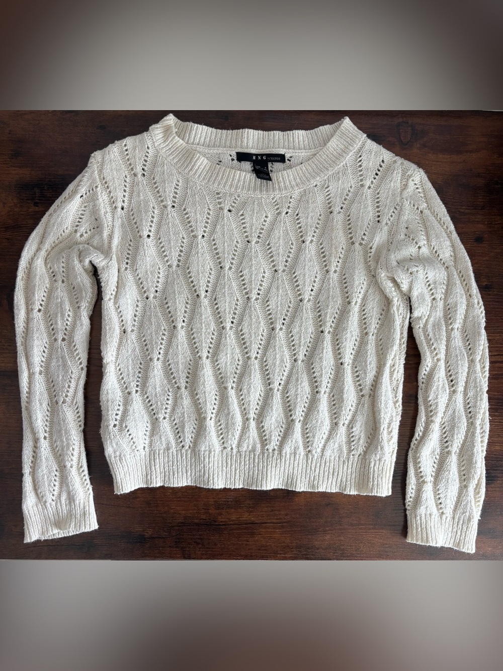 MNG by Mango Cream Pointelle Knit Sweater Cotton Angora Blend Sz EUR S/US XS
